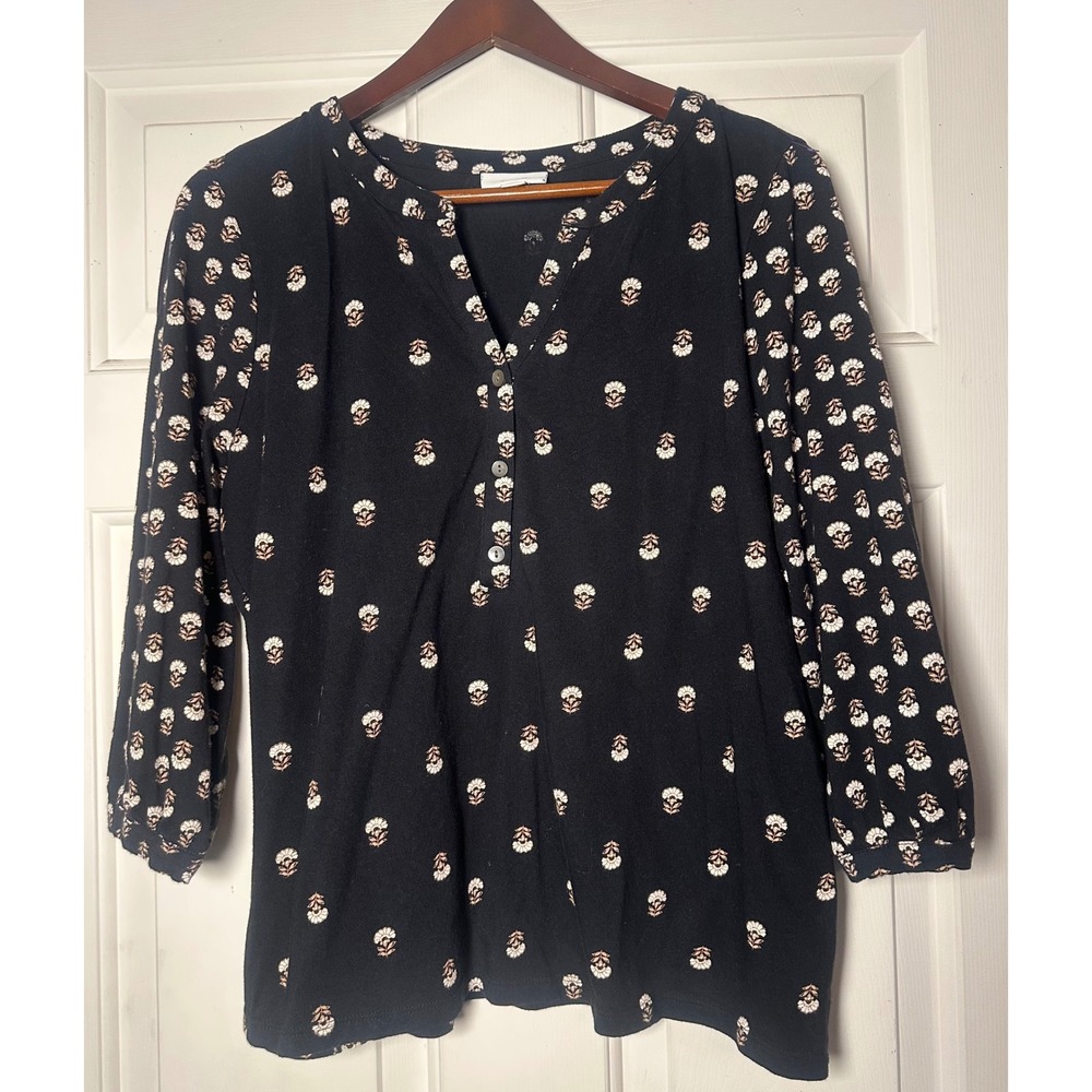 Pure Jill Black Floral Print 3/4 Sleeve V-Neck Tunic Top Women's Size‎ M